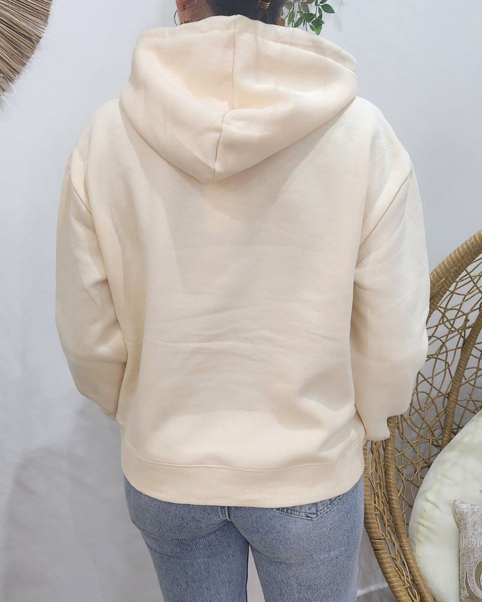 Sweat à capuche femme beige broderie Bichette léopard