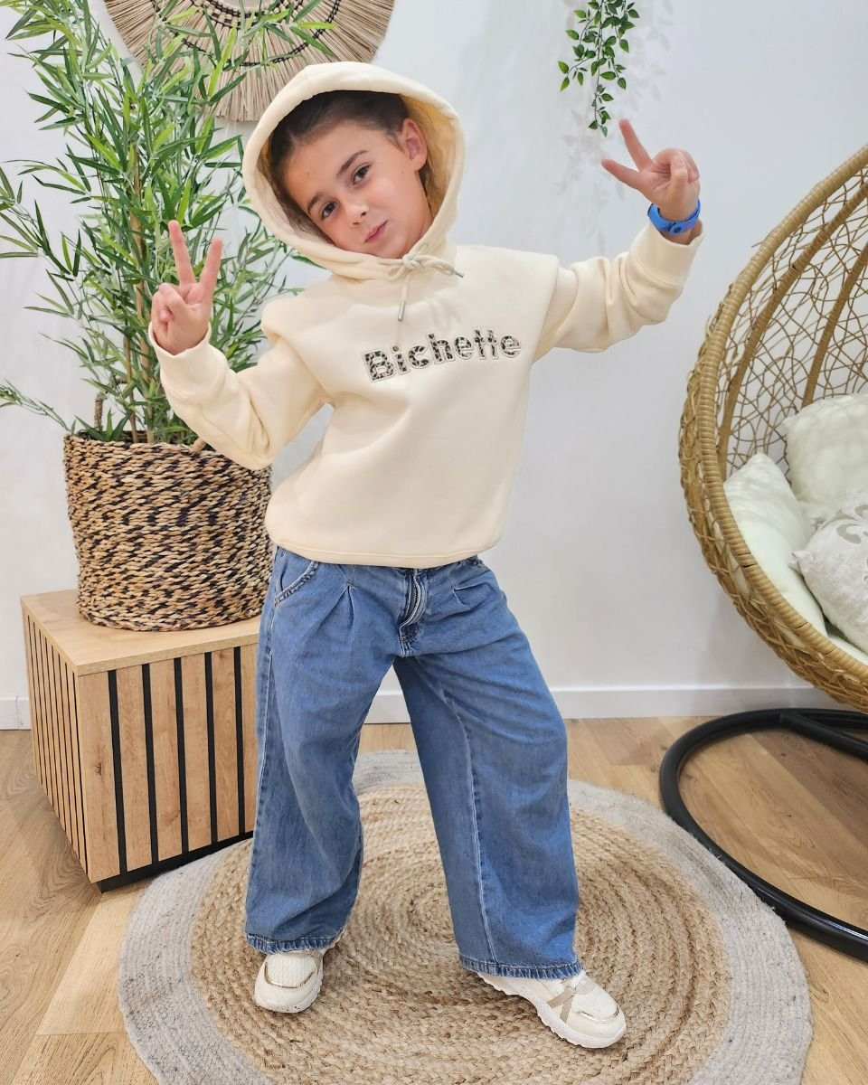 Sweat à capuche enfant beige broderie bichette léopard