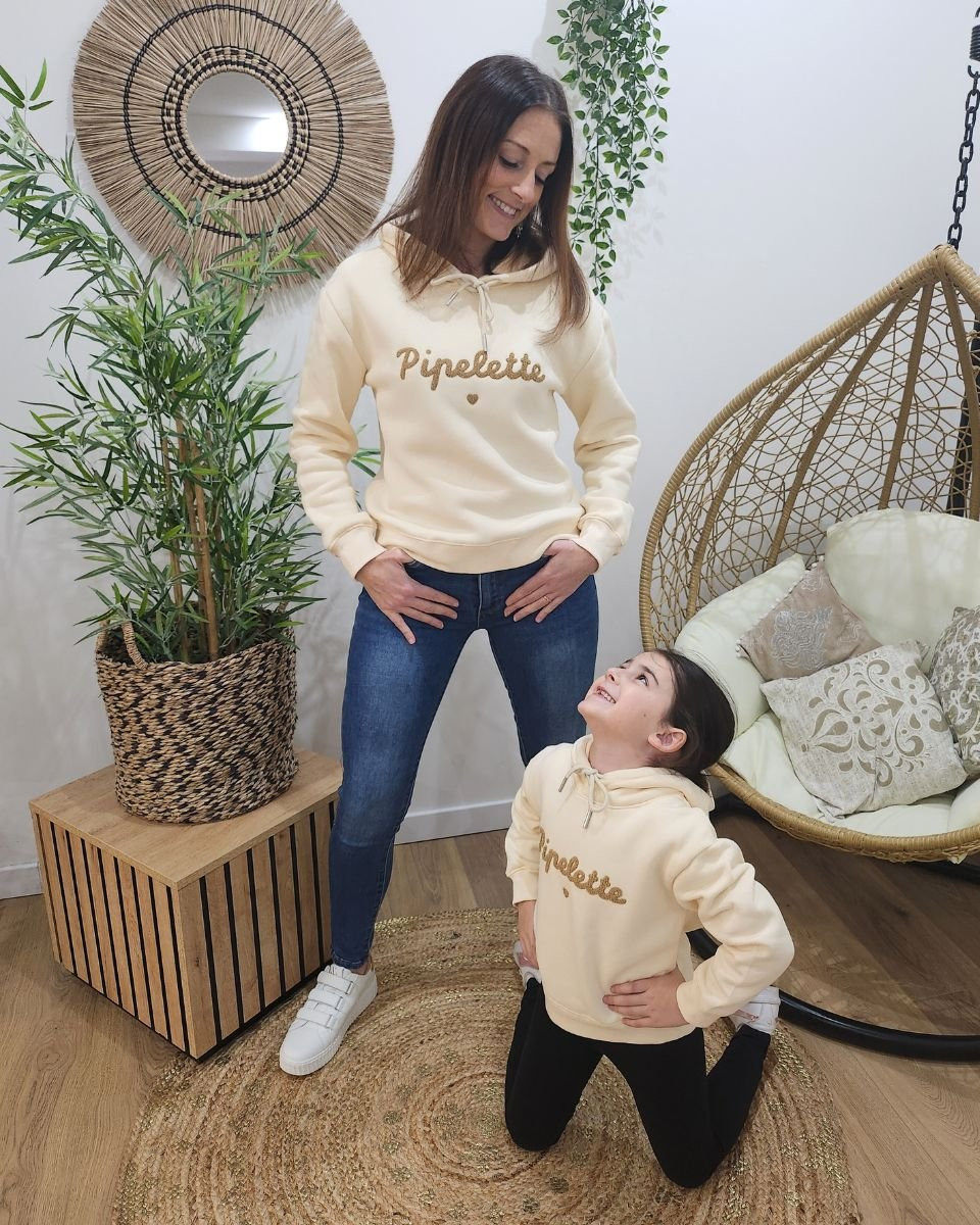 Sweat femme beige broderie Pipelette camel