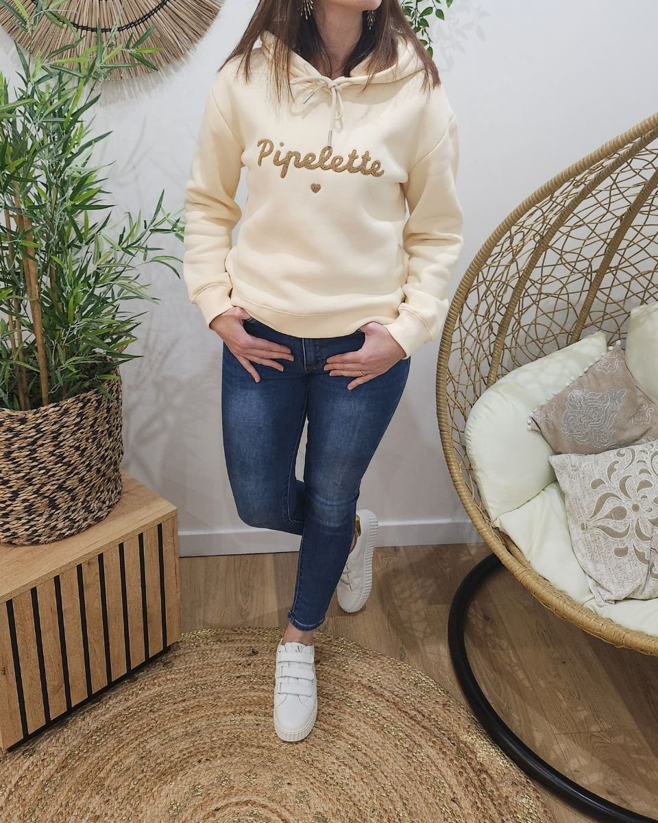 Sweat femme beige broderie Pipelette camel