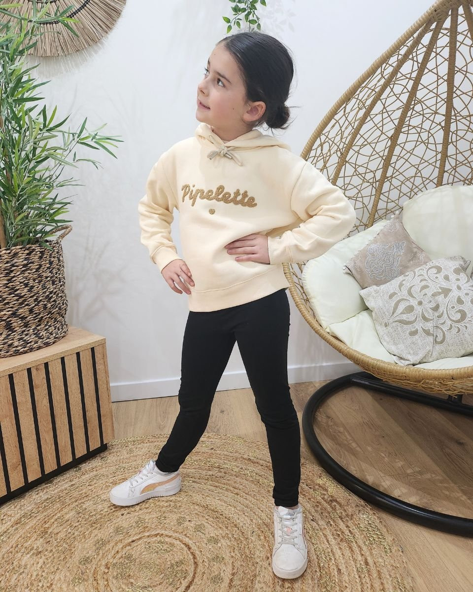 Sweat à capuche enfant beige broderie Pipelette camel