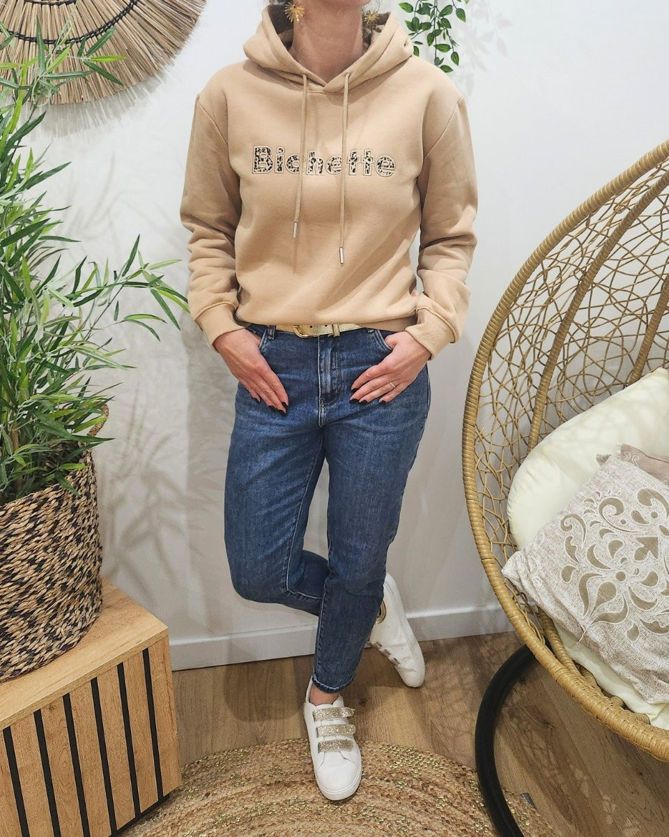 Sweat à capuche femme camel broderie Bichette léopard