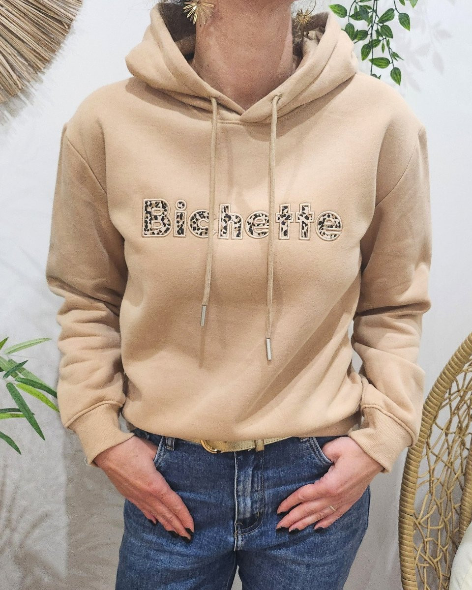 Sweat à capuche femme camel broderie Bichette léopard