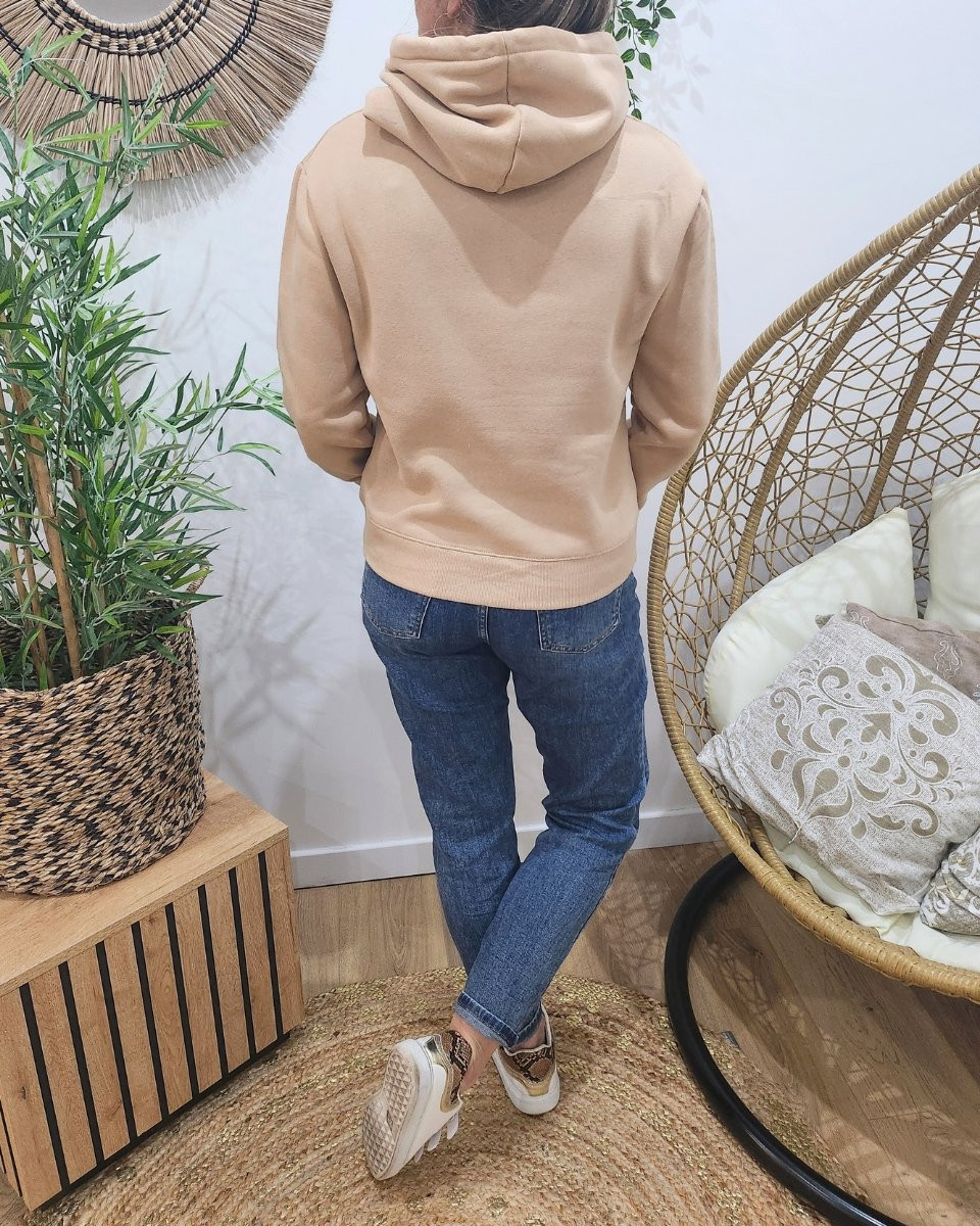 Sweat à capuche femme camel broderie Bichette léopard