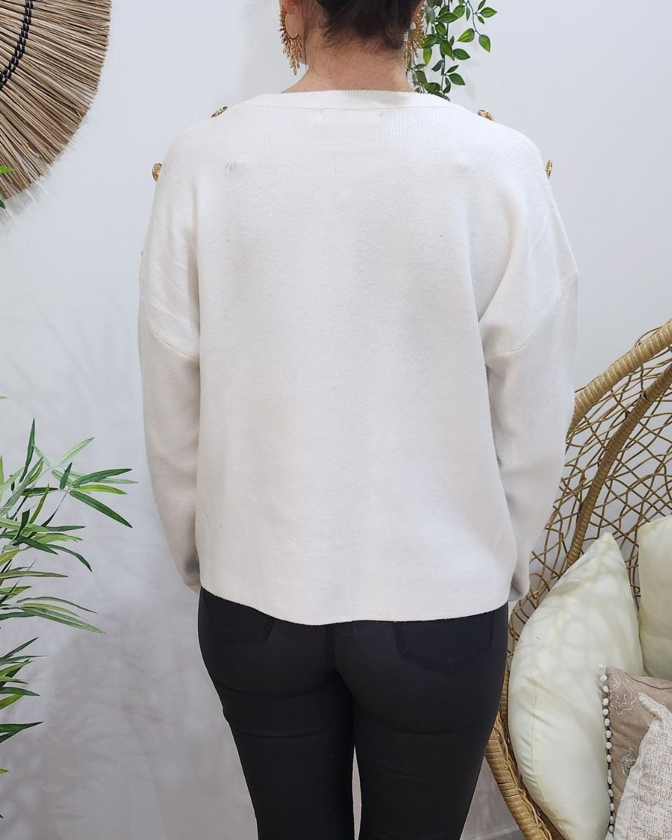 Pull femme écru broderie coeur dégradé dorée