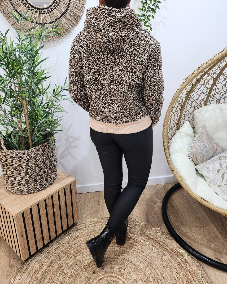 Sweat à capuche femme camel imprimé léopard