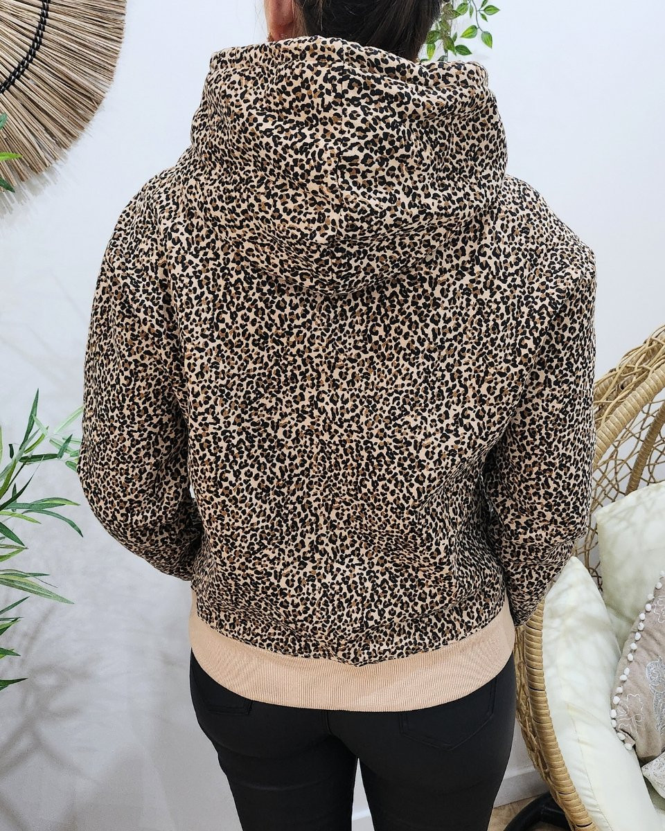 Sweat à capuche femme camel imprimé léopard
