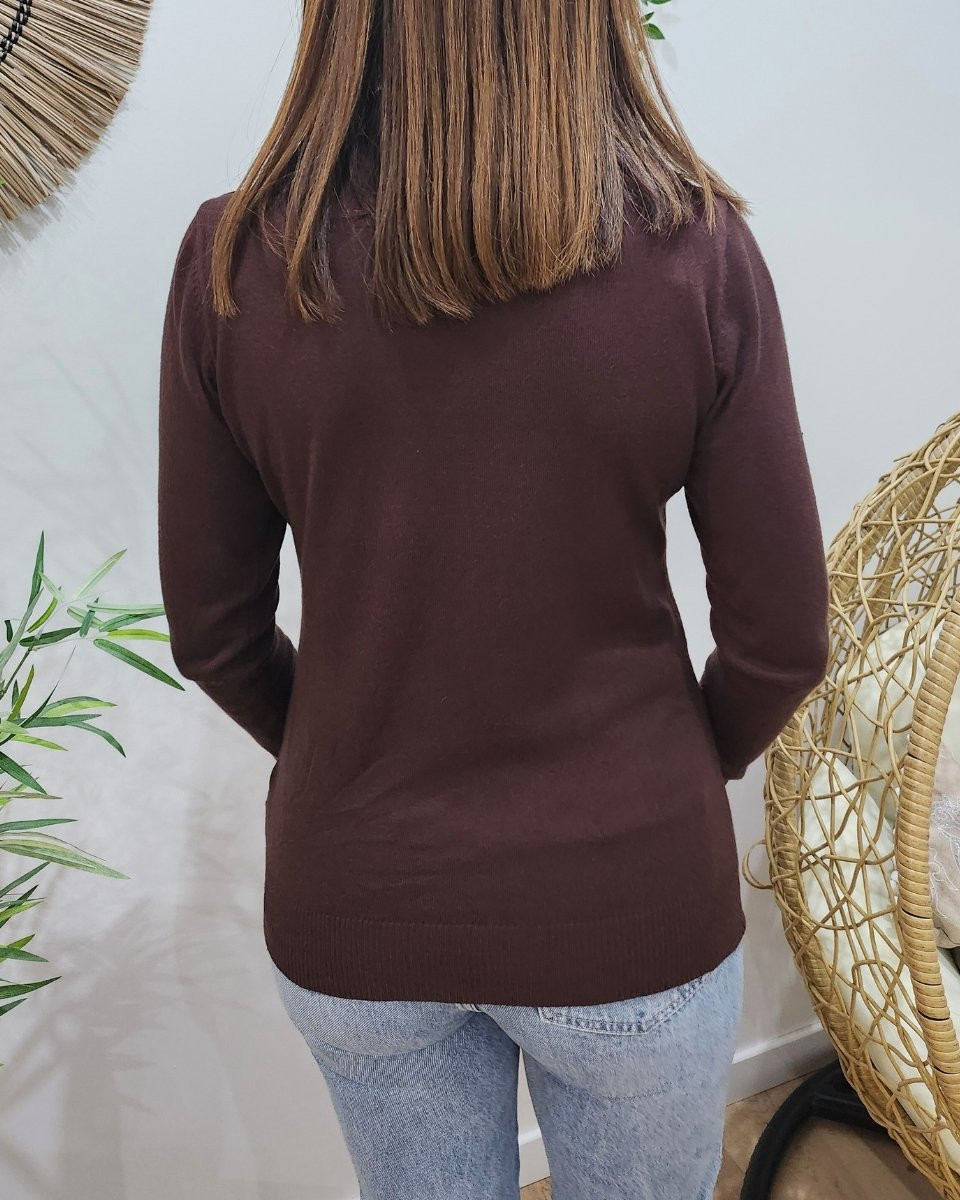 Pull femme fin col roulé marron choco