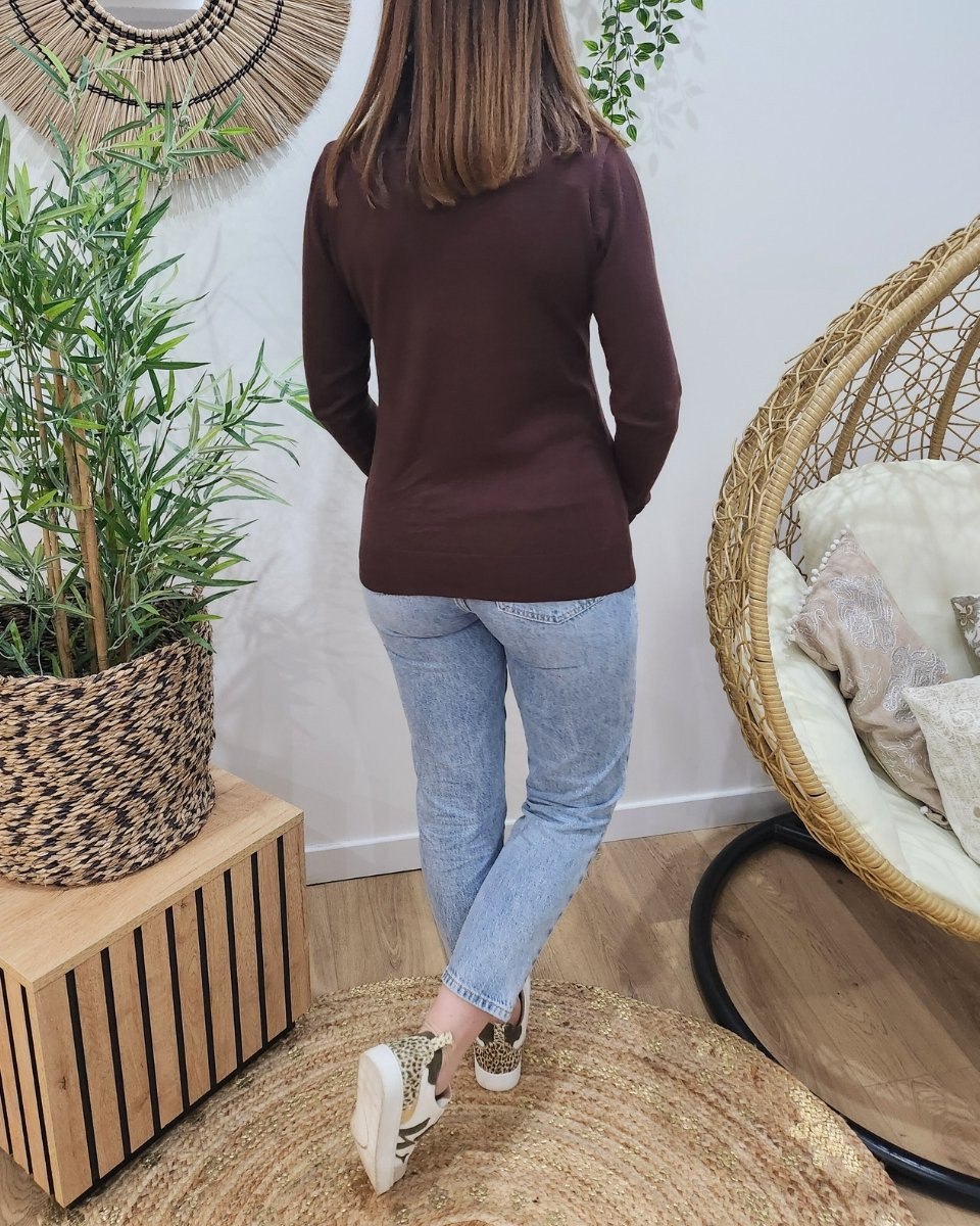 Pull femme fin col roulé marron choco