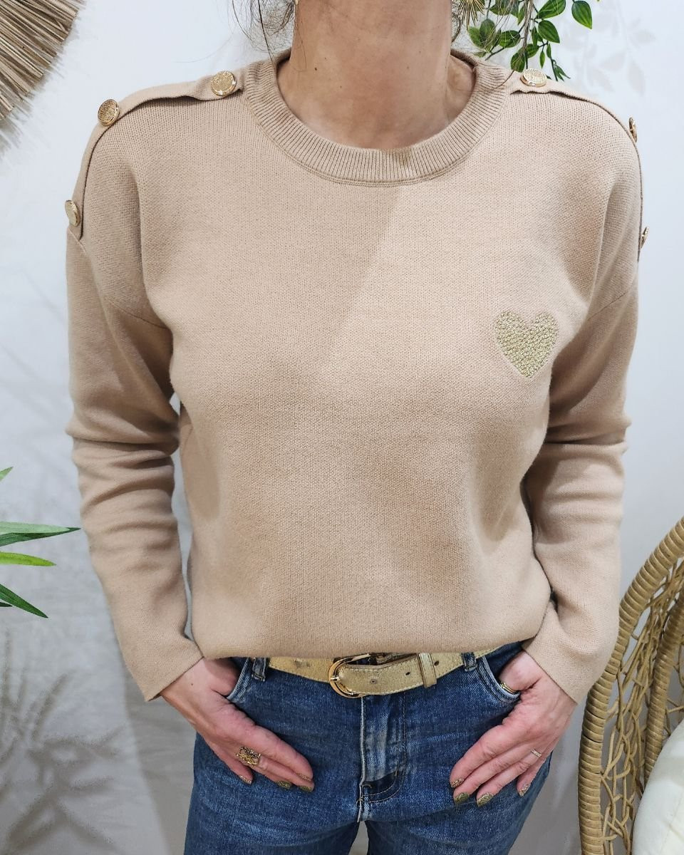 Pull femme camel clair broderie coeur dégradé dorée