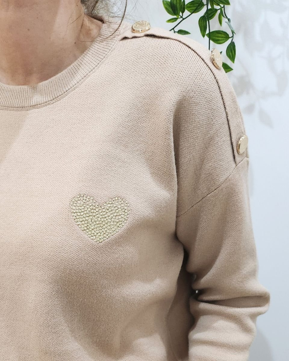 Pull femme camel clair broderie coeur dégradé dorée