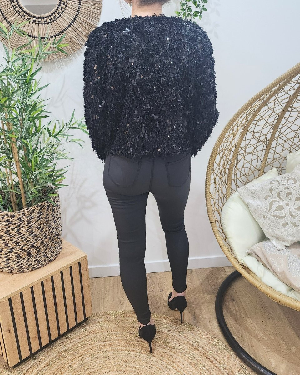 Pull femme noir effet plumes et sequins Violetta
