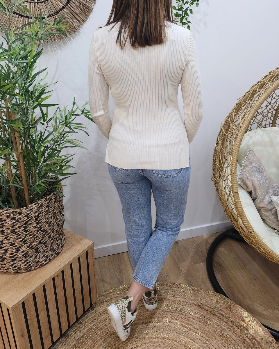 Pull femme fin cotelé col roulé beige