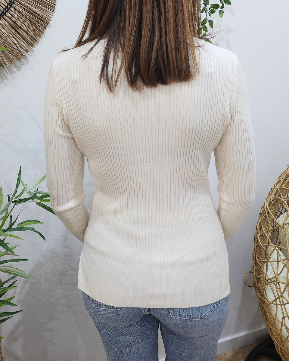 Pull femme fin cotelé col roulé beige