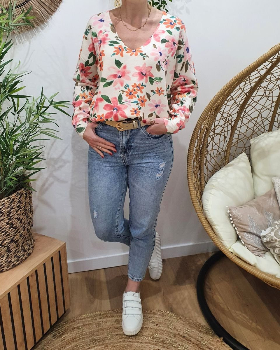 Pull femme fleuri rose orangé col V Dalhia