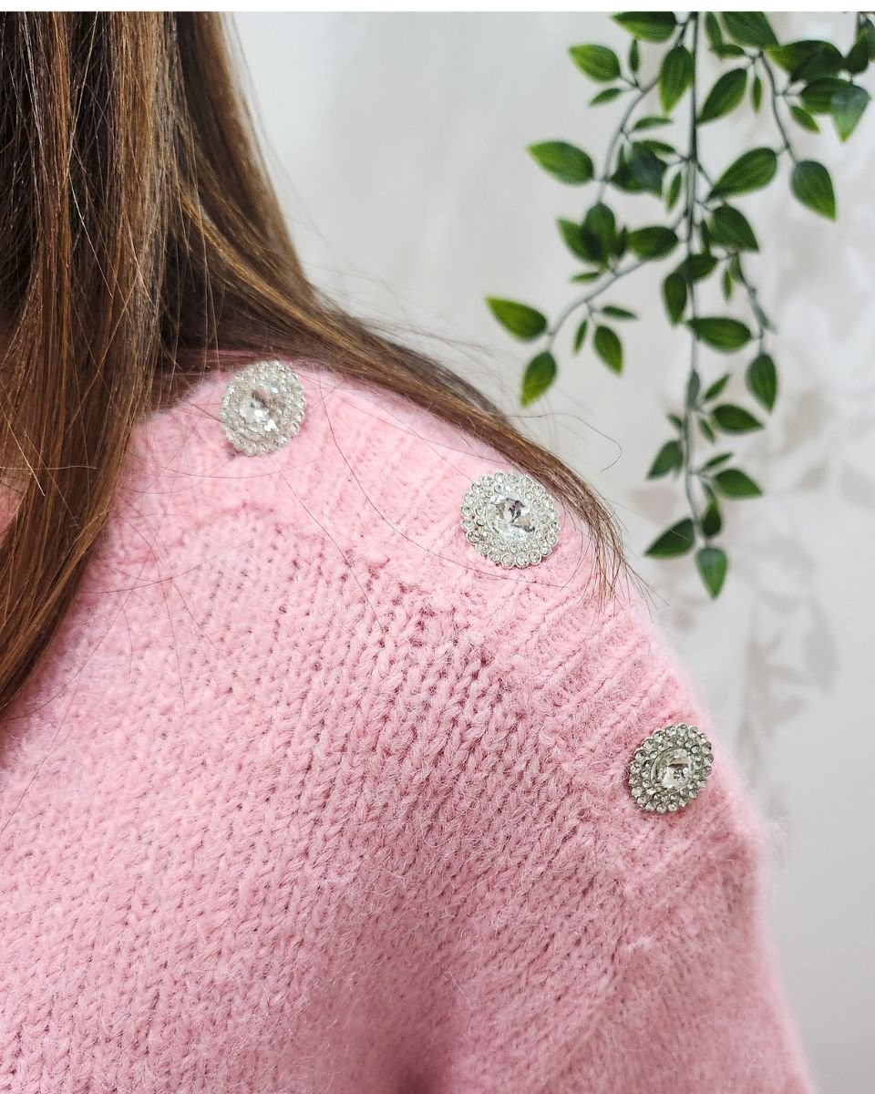 Pull femme rose boutons strass
