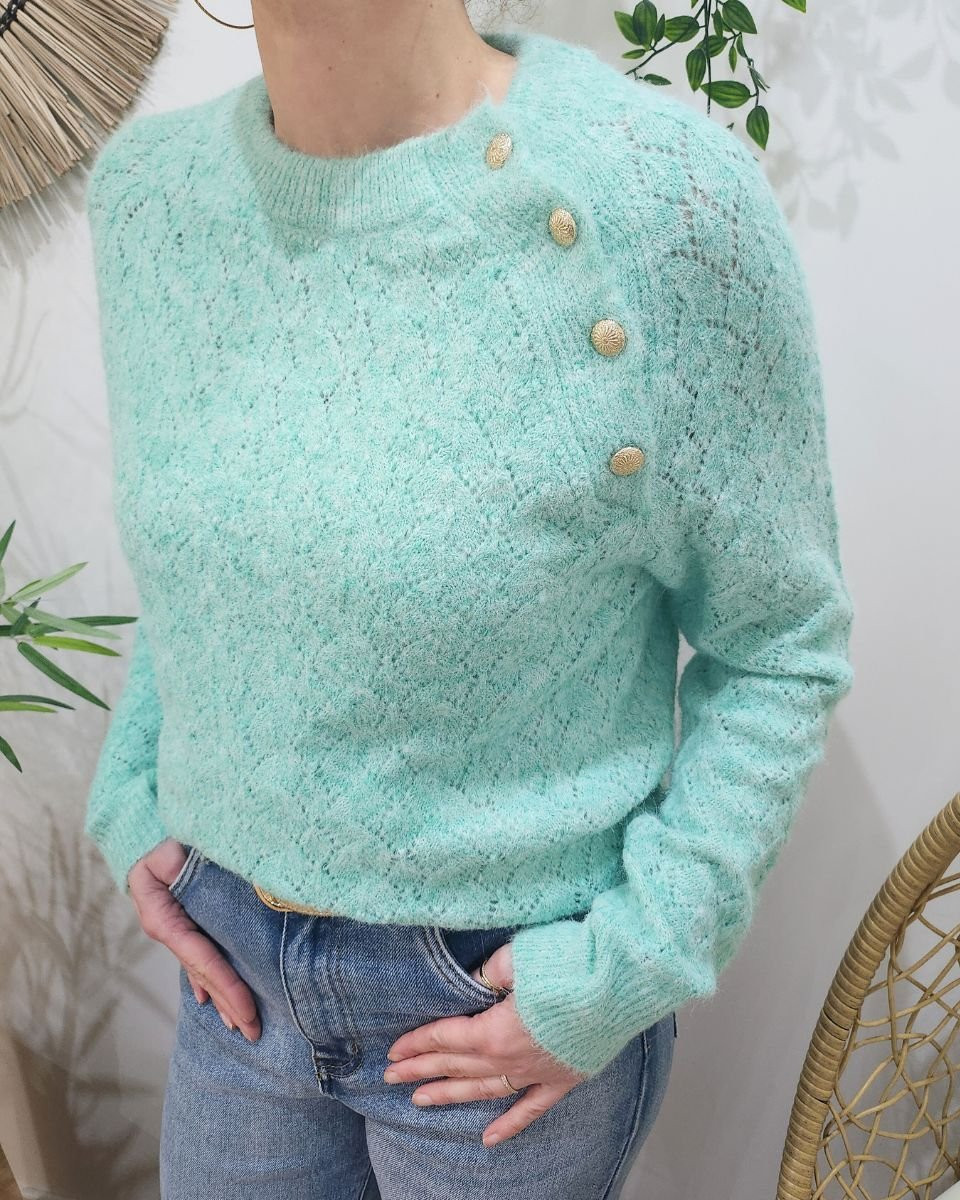 Pull femme vert d'eau boutons dorés Olympia