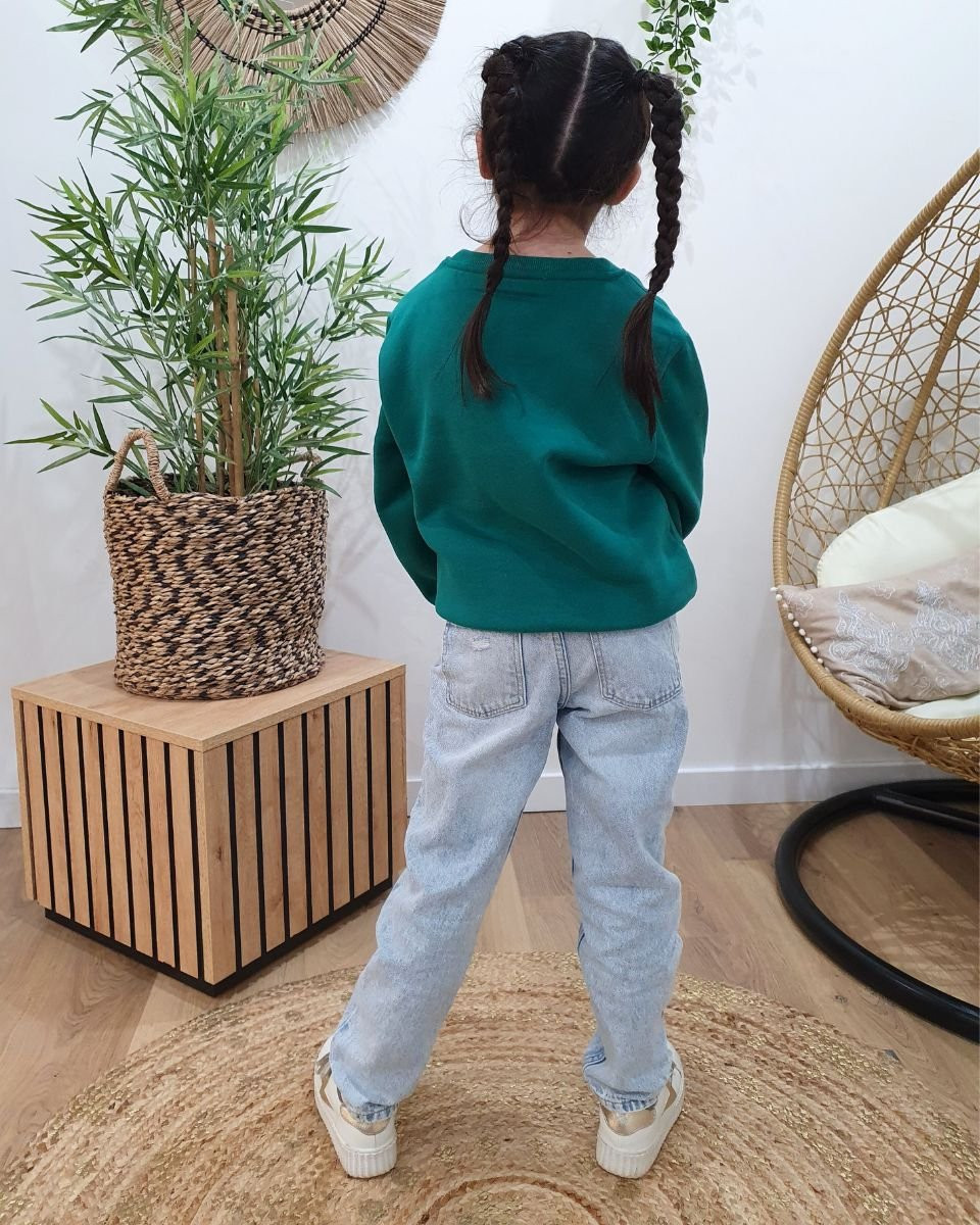 Sweat enfant vert broderie j'irai où tu iras blanche