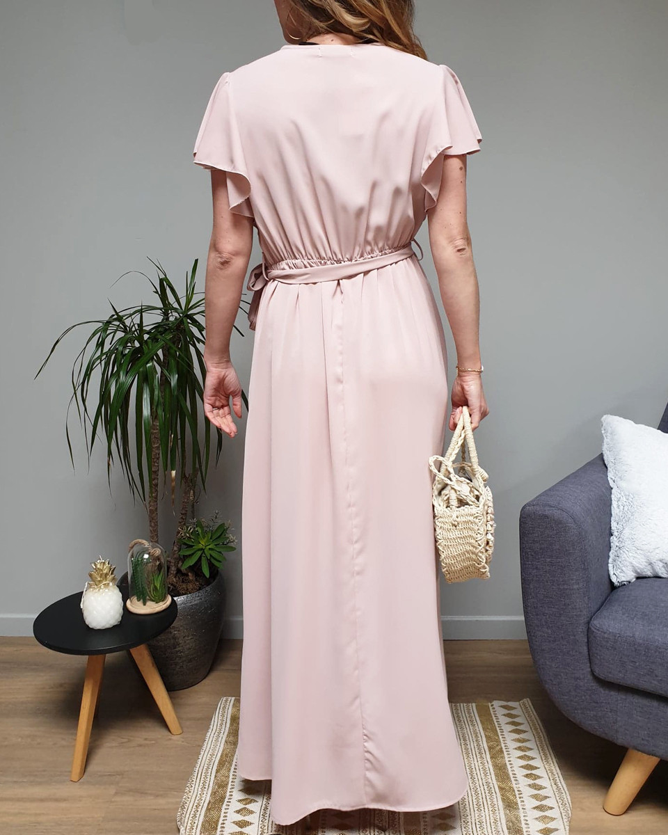 Robe longue unie vieux rose manches volantes