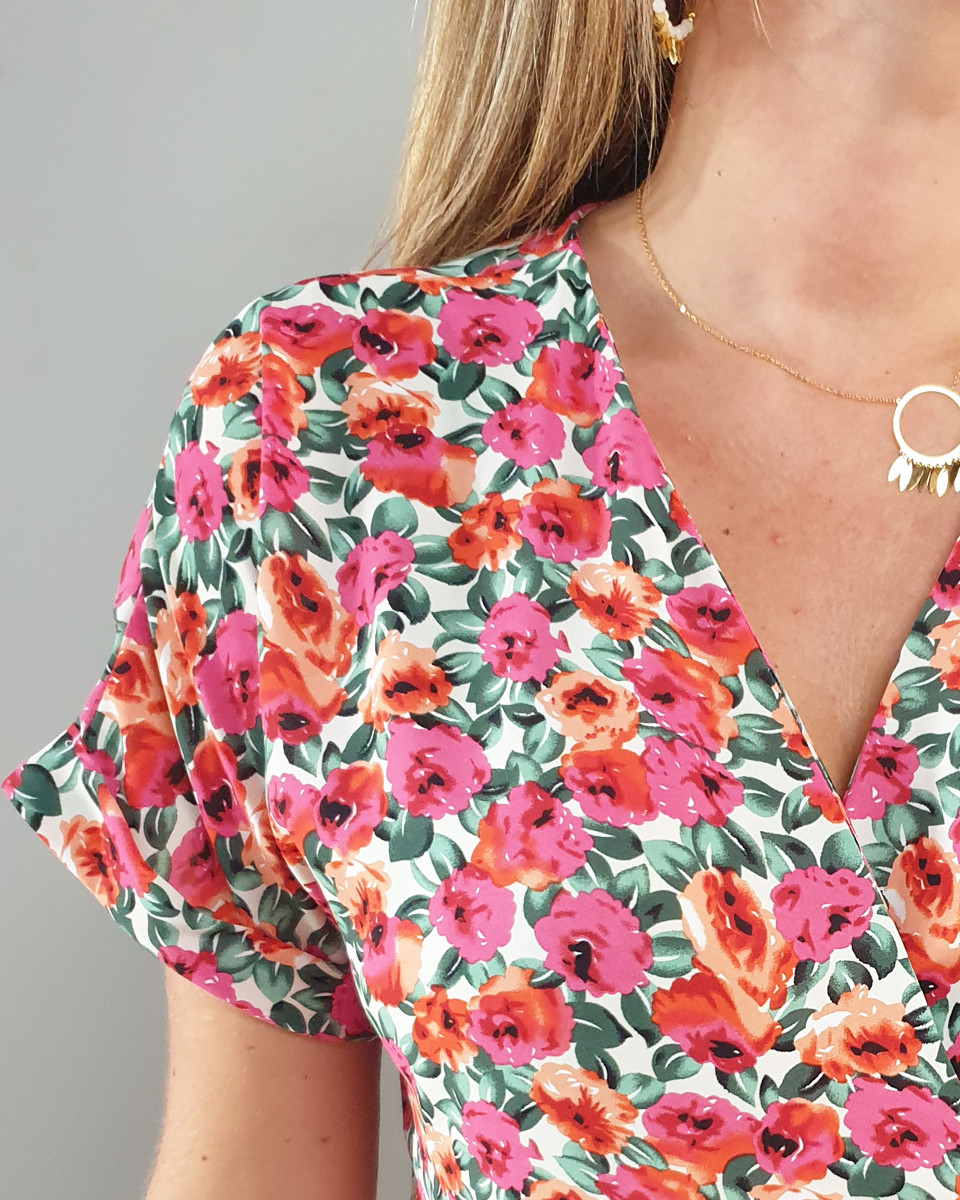 Robe longue portefeuille à fleurs oranges et roses