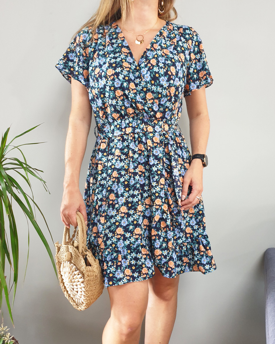 Robe marine fleurs corail bleues et vertes manches courtes