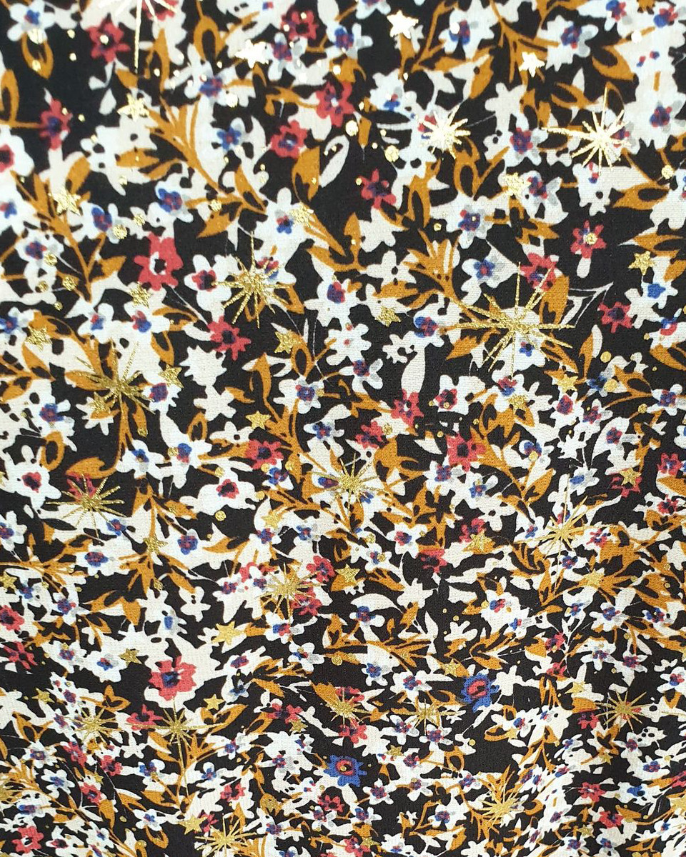 Robe droite noire fleurie liberty camel rouge bleu et étoiles dorées