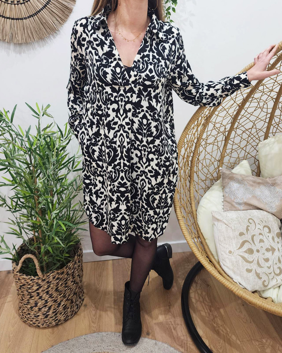 Robe droite fluide noire et blanche Ava