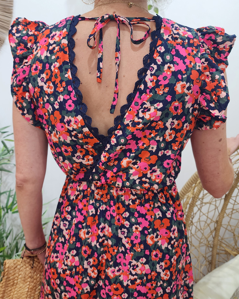 Robe femme marine fleurs roses orangées Florentina