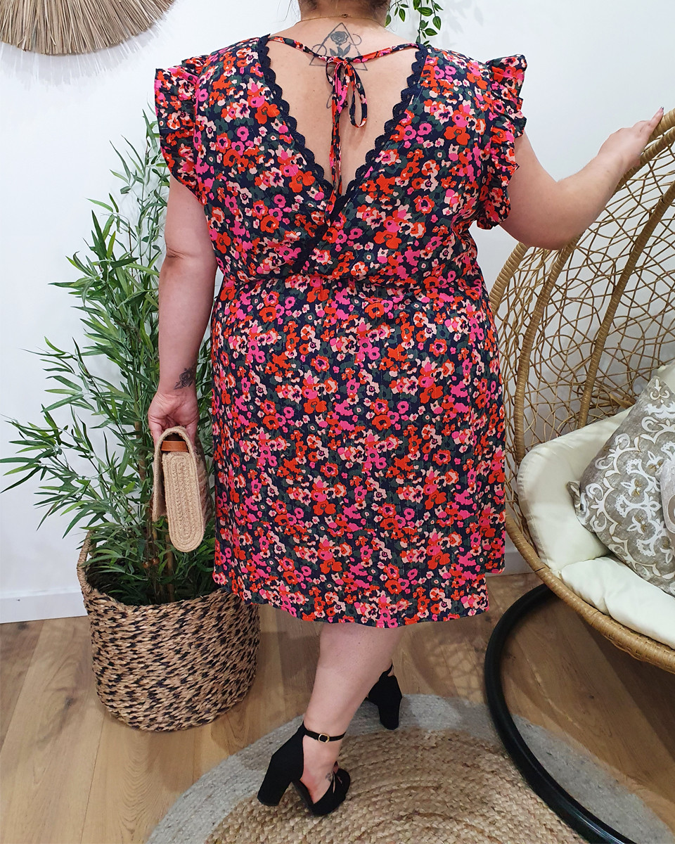 Robe femme marine fleurs roses orangées Florentina