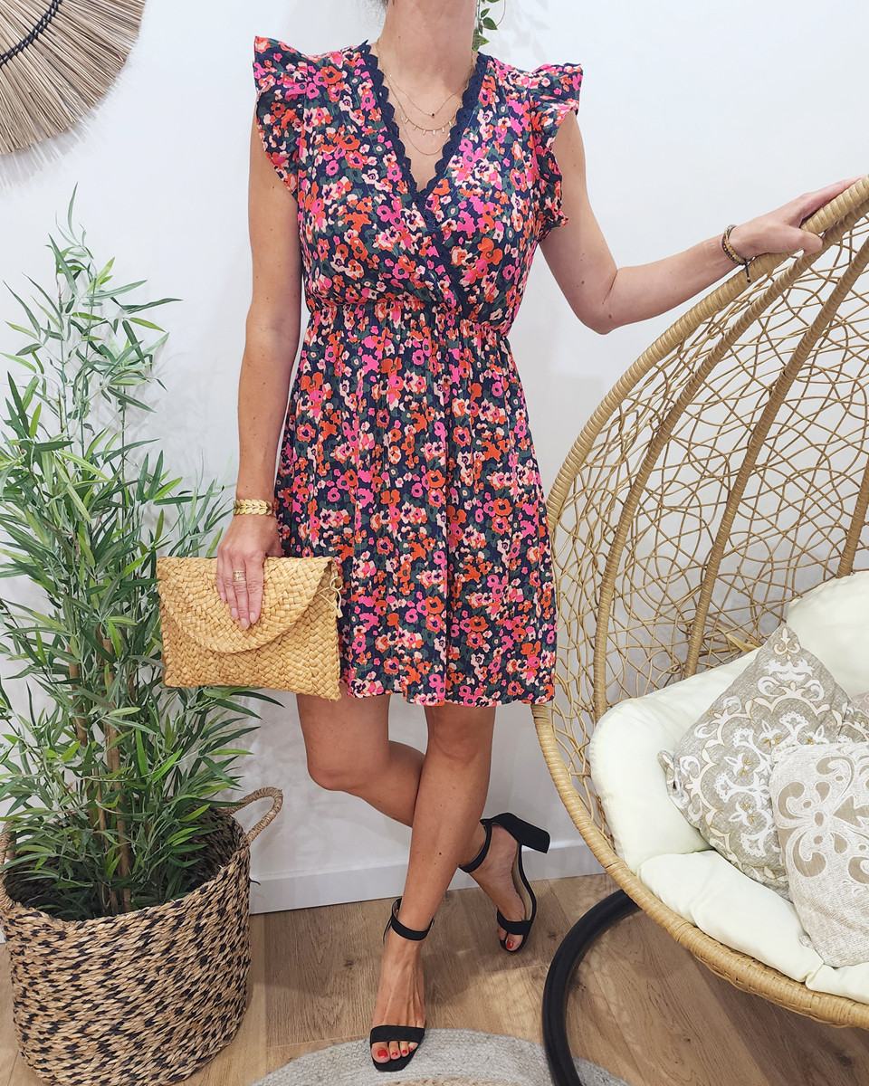 Robe femme marine fleurs roses orangées Florentina