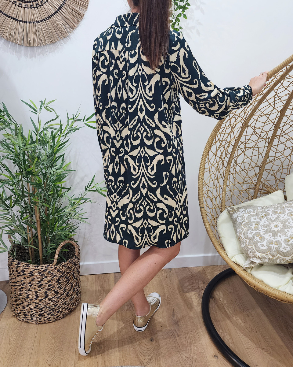 Robe chemise femme verte et beige Martina