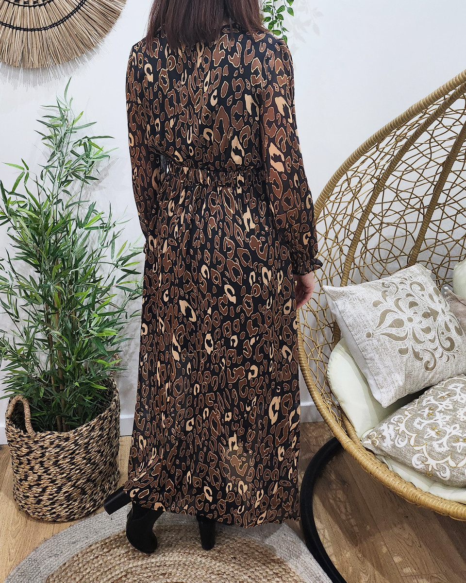 Robe longue femme noire motif léopard marron et doré Fulvia