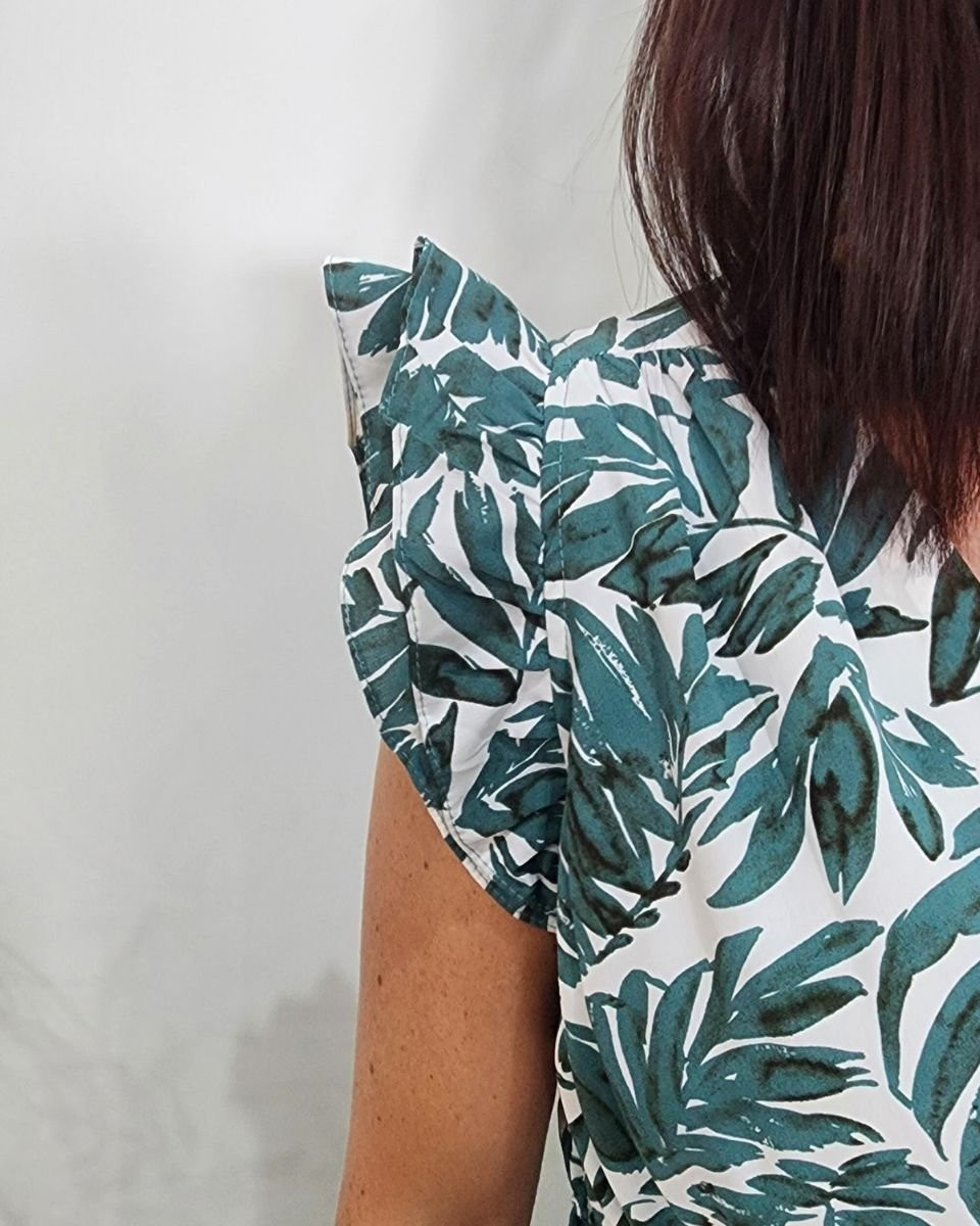 Robe longue femme écru feuillage vert