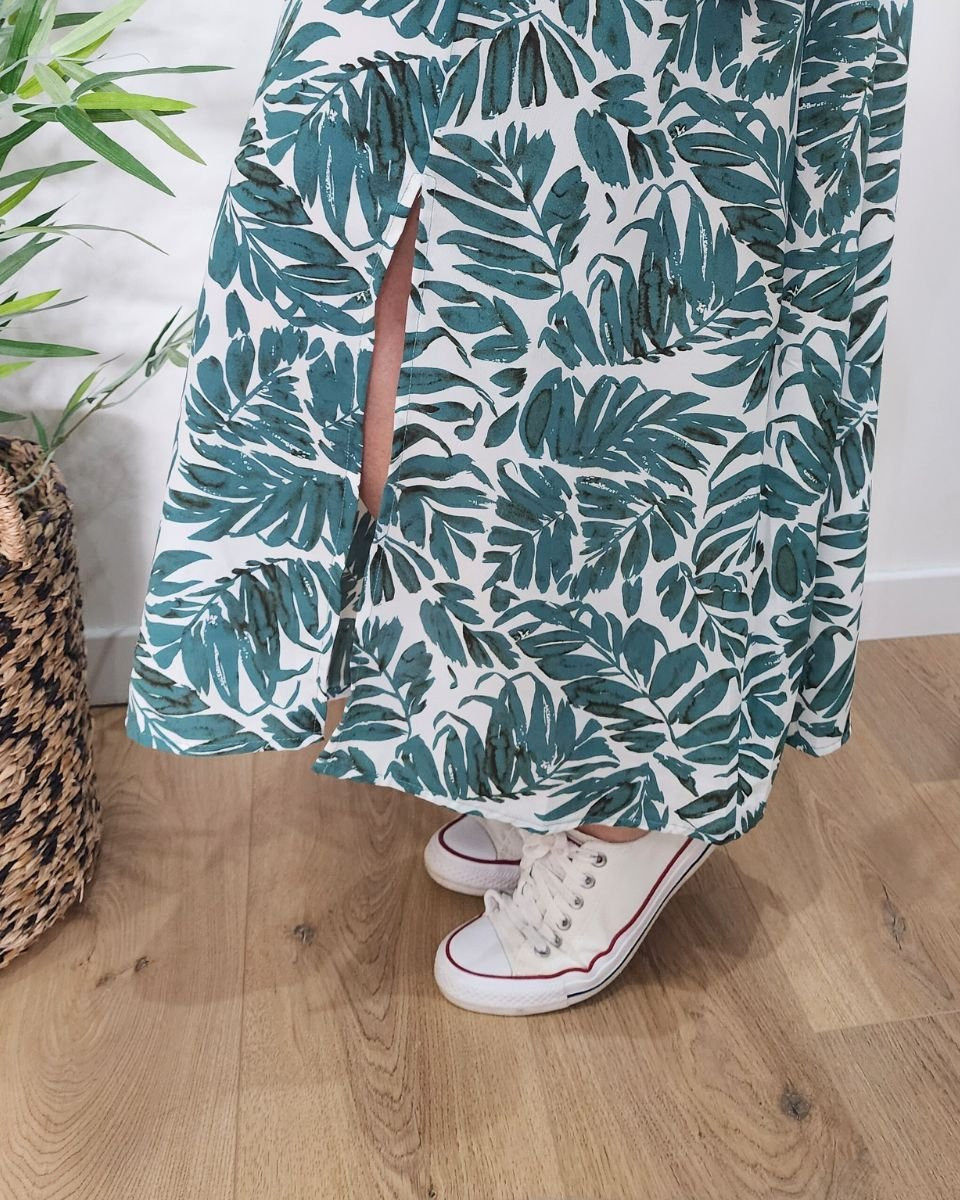 Robe longue femme écru feuillage vert