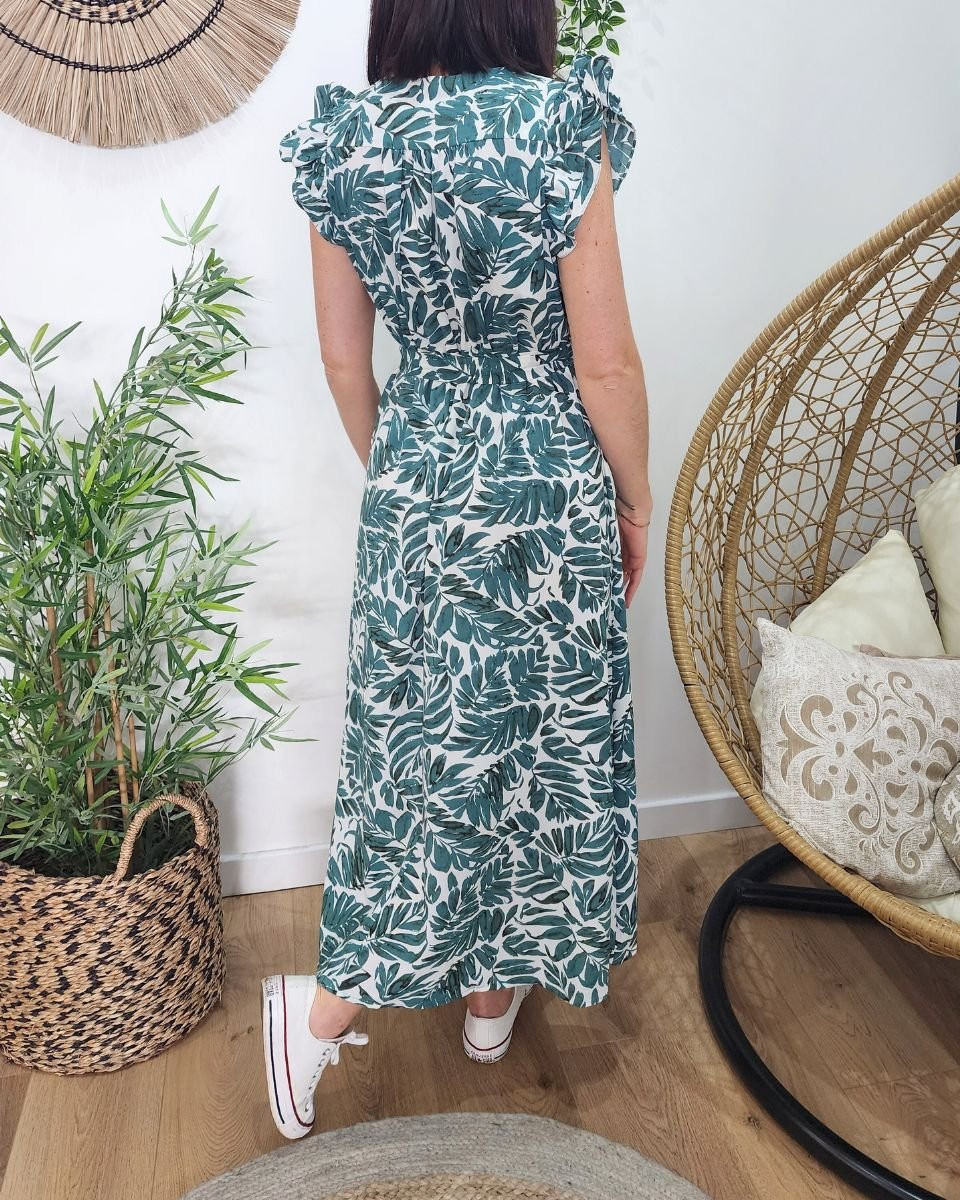 Robe longue femme écru feuillage vert