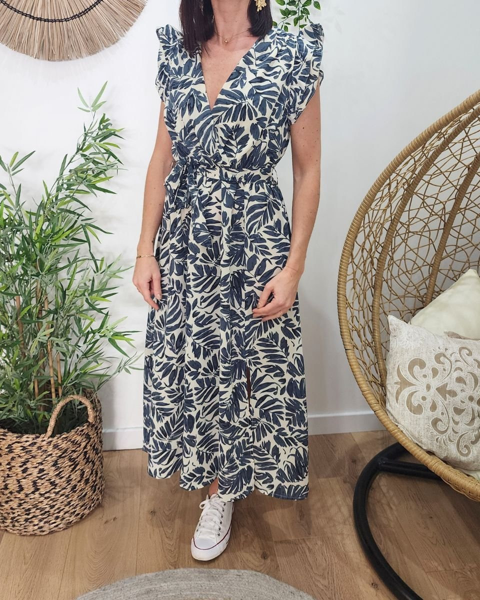 Robe longue femme écru feuillage bleu