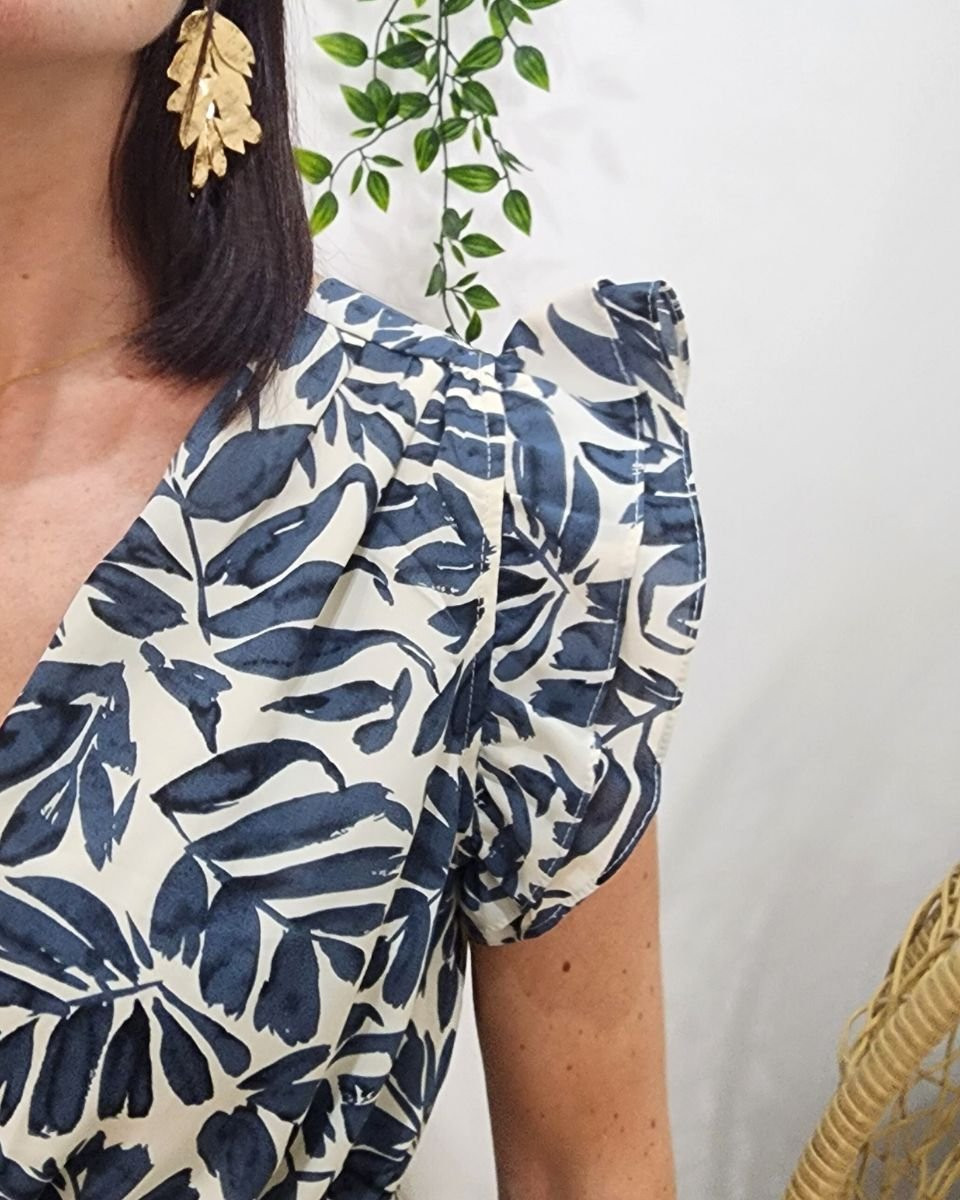 Robe longue femme écru feuillage bleu