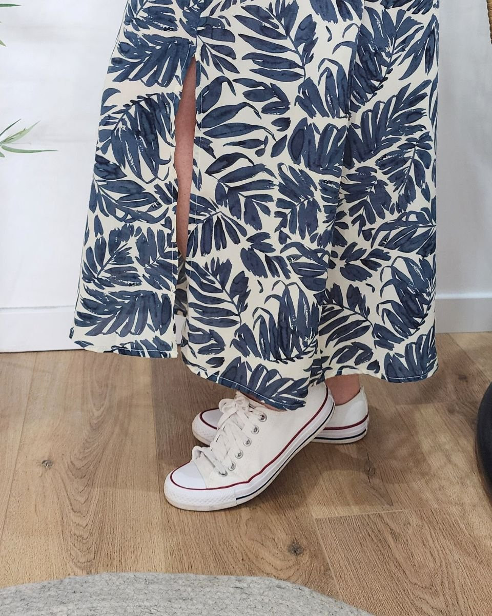 Robe longue femme écru feuillage bleu