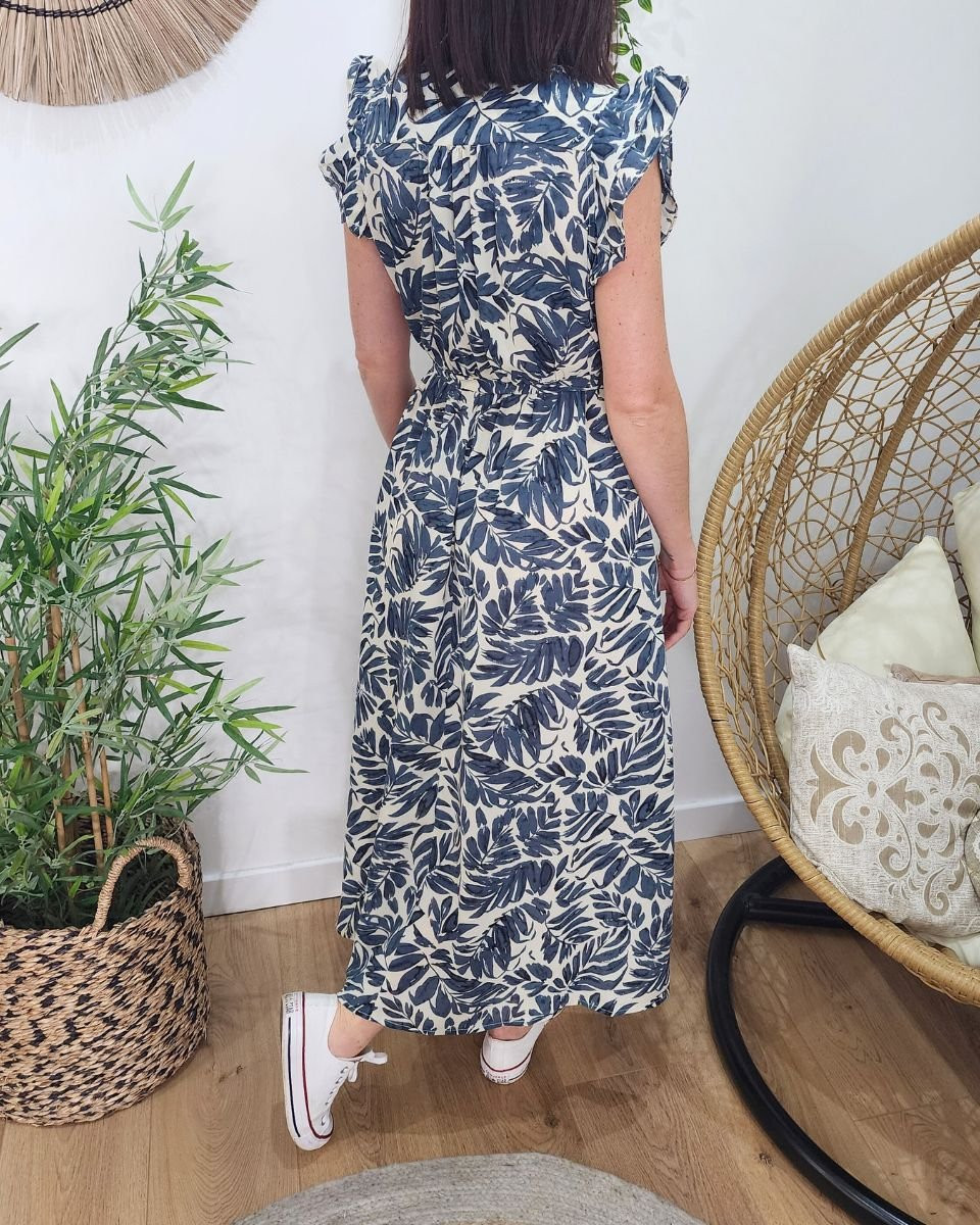 Robe longue femme écru feuillage bleu