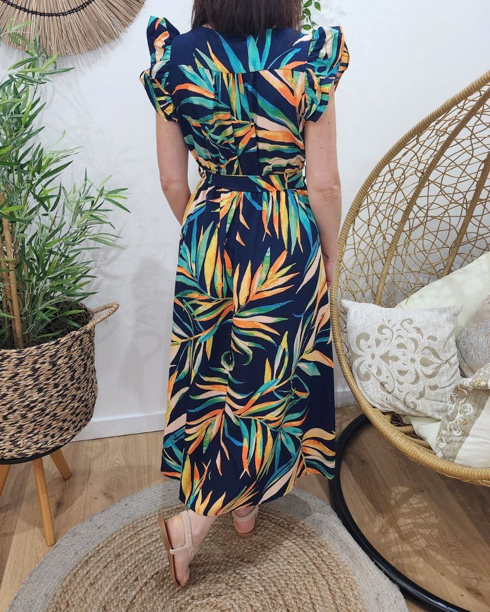 Robe longue femme bleu marine feuillages multicolores