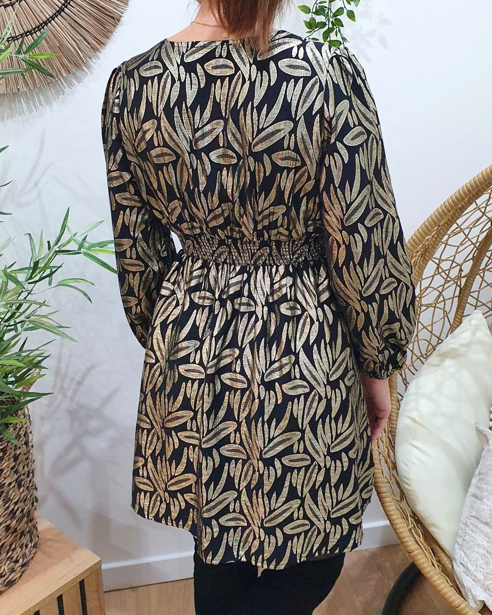 Robe femme noire feuillages dorés