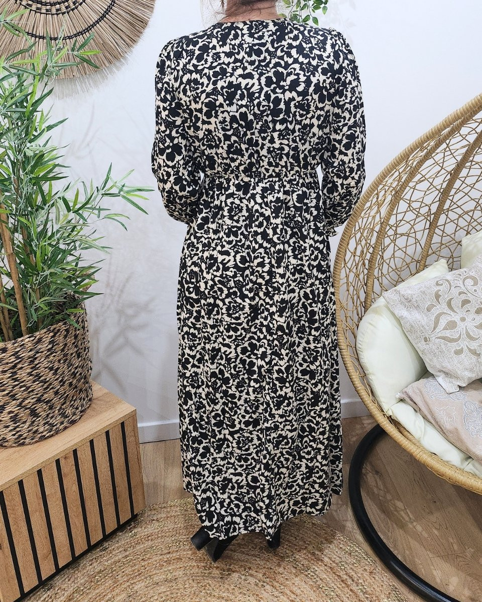 Robe longue femme noire fleurs écrues Tehanie