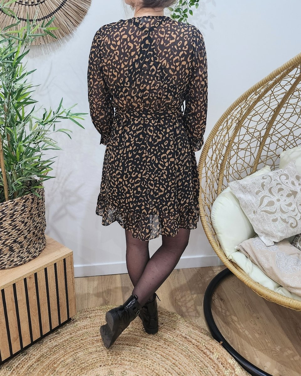 Robe femme portefeuille imprimé leopard noir et marron Maisane