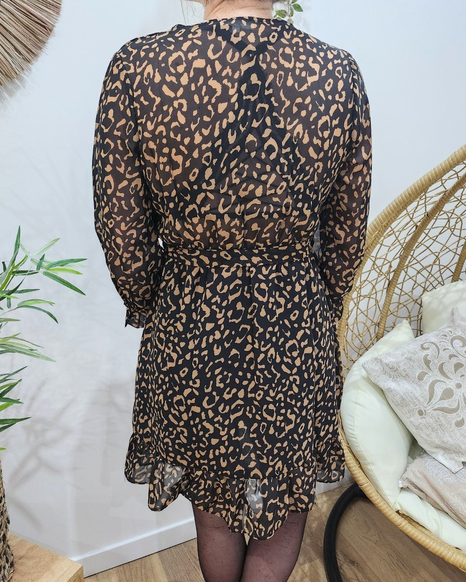 Robe femme portefeuille imprimé leopard noir et marron Maisane