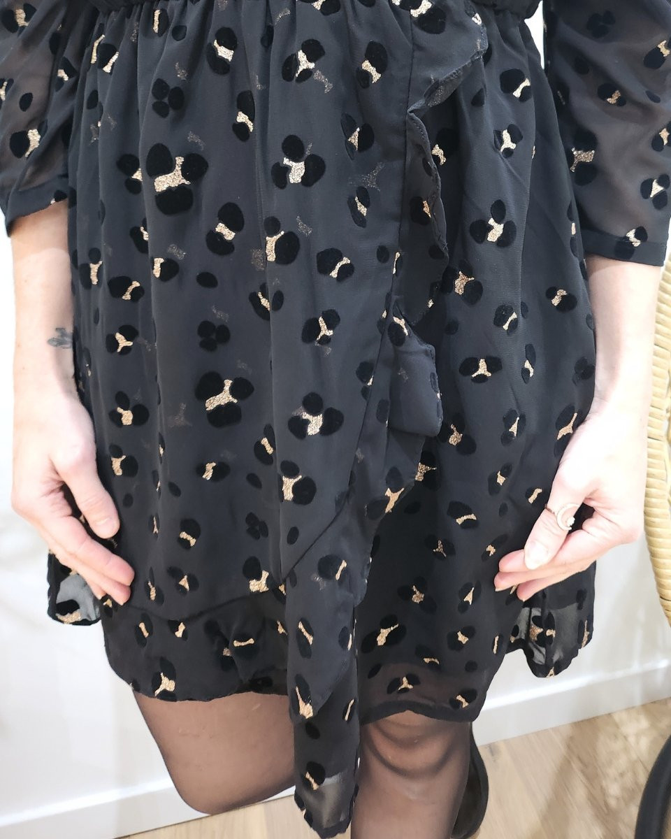 Robe femme noire à volants motif leopard velours doré