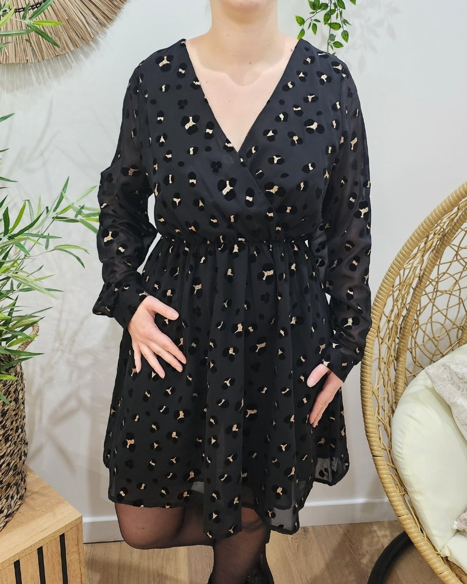 Robe femme noire motif leopard velours doré