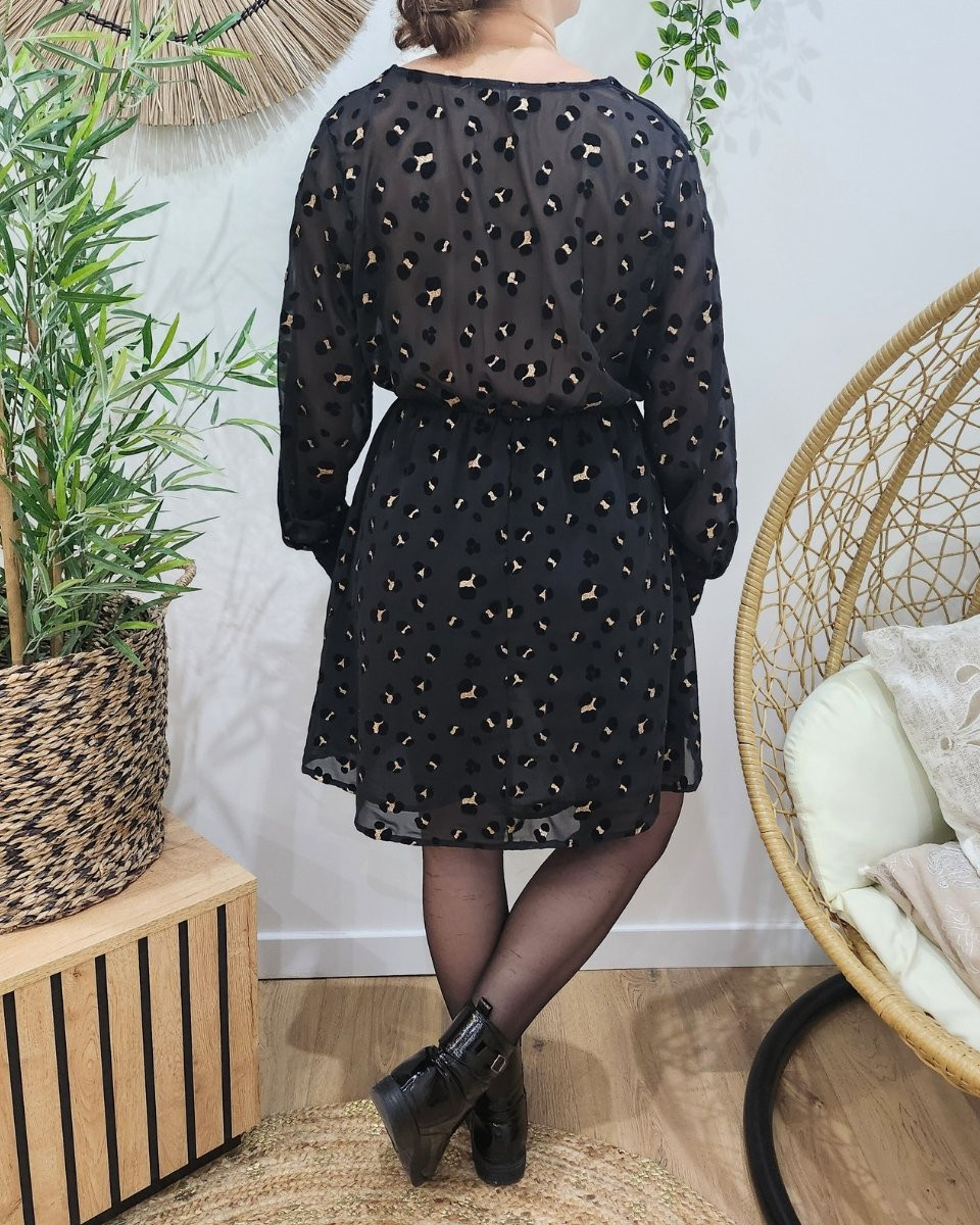 Robe femme noire motif leopard velours doré