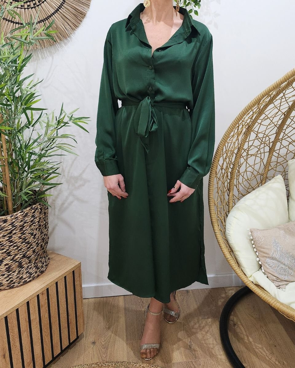 Robe chemise femme longue satinée vert émeraude