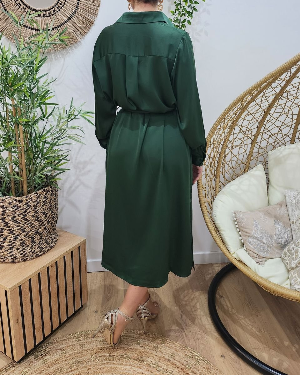 Robe chemise femme longue satinée vert émeraude
