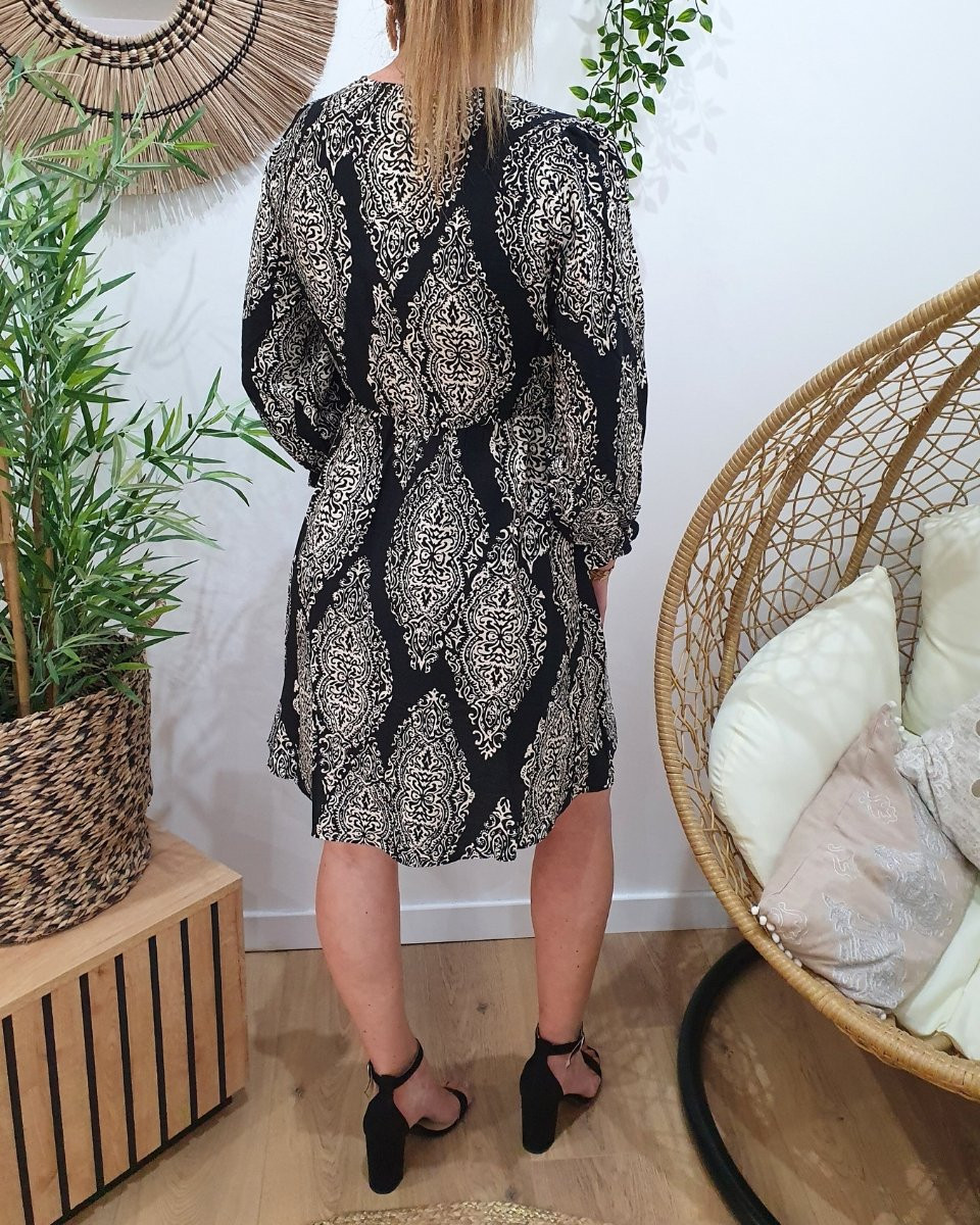 Robe femme noire motifs écru Milena